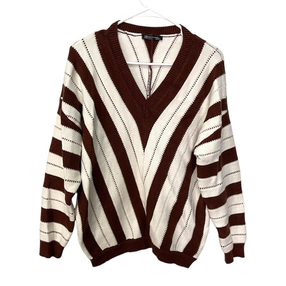 Pretty Garden 2XL Brown White Striped V-Neck Sweater Chevron Knit Retro Preppy
